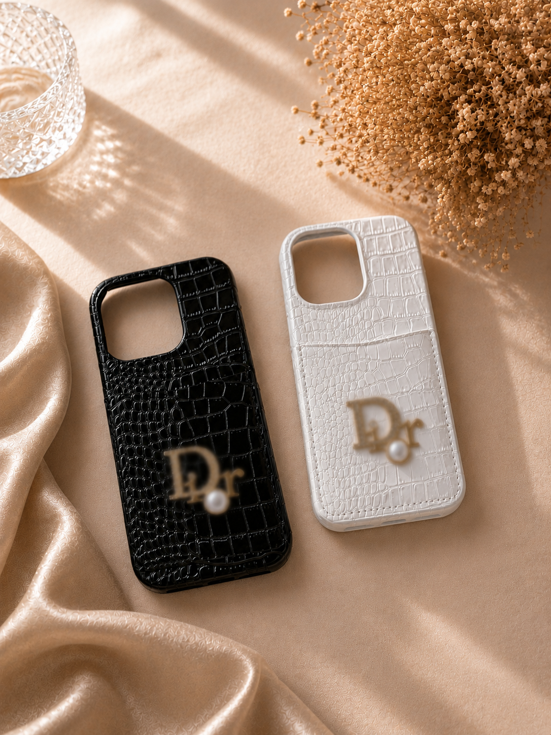 Glossy Croc Card Holder Phone Case – Black & White Luxe Edition