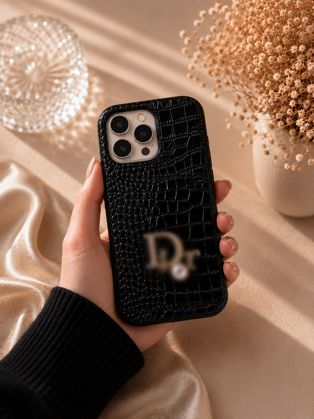 Glossy Croc Card Holder Phone Case – Black & White Luxe Edition