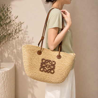 Fashion Raffia Woven Tote Bag with Wooden-Inspired Front Detail