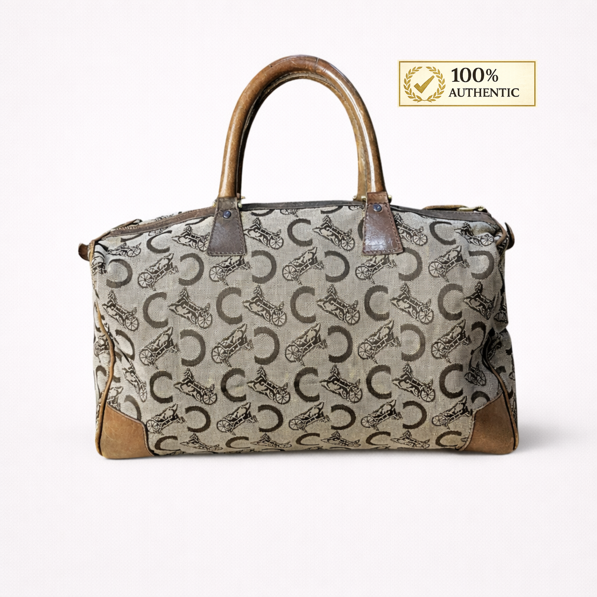 Authentic CELINE C Sulky Boston Bag Canvas Brown