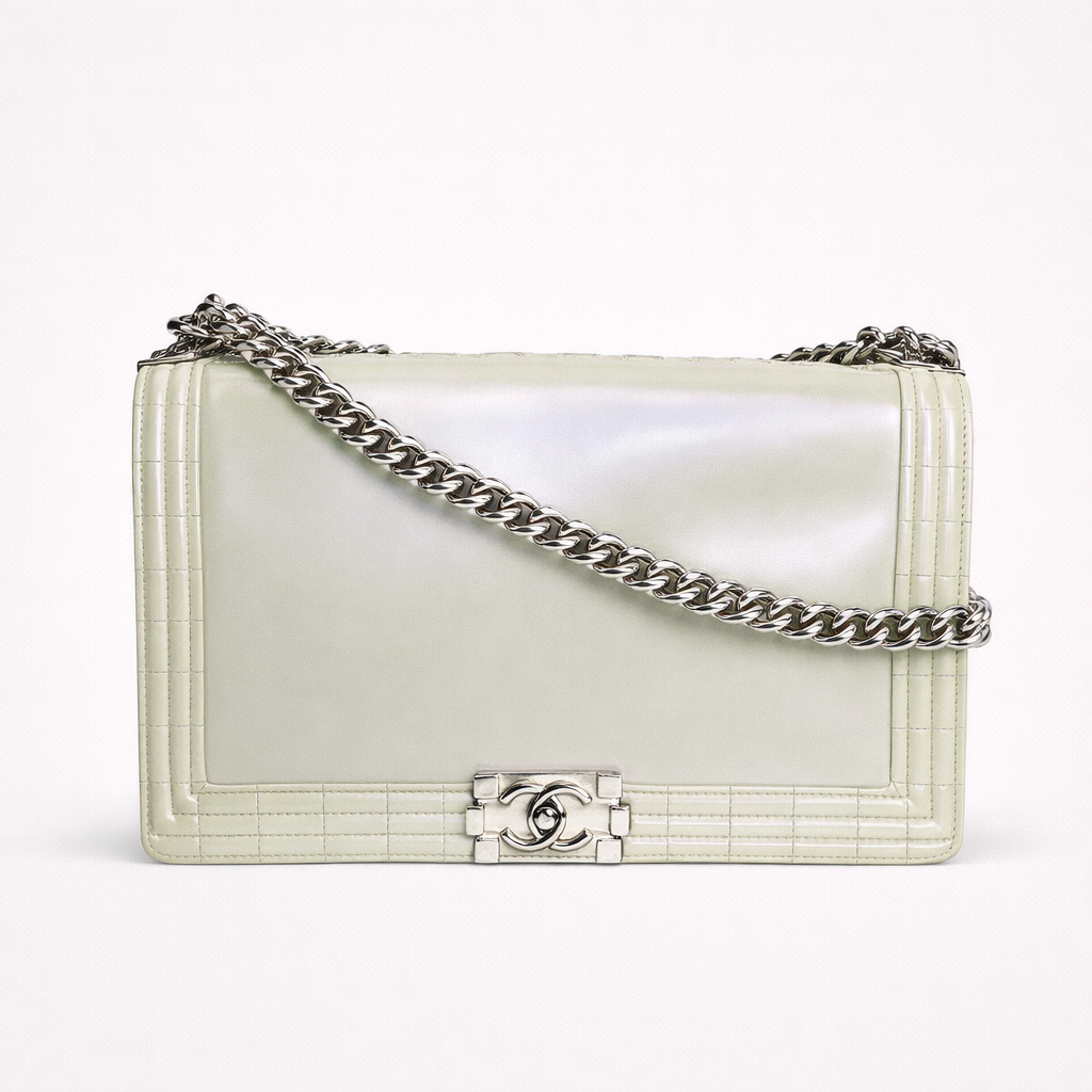Chanel Pearl Iridescent Glazed Patent Leather Large Reverso Boy Flap Bag