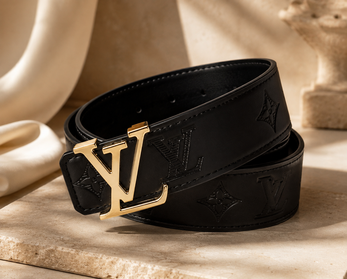 💎 Black Monogram Embossed Statement Belt with Gold-Tone Buckle
