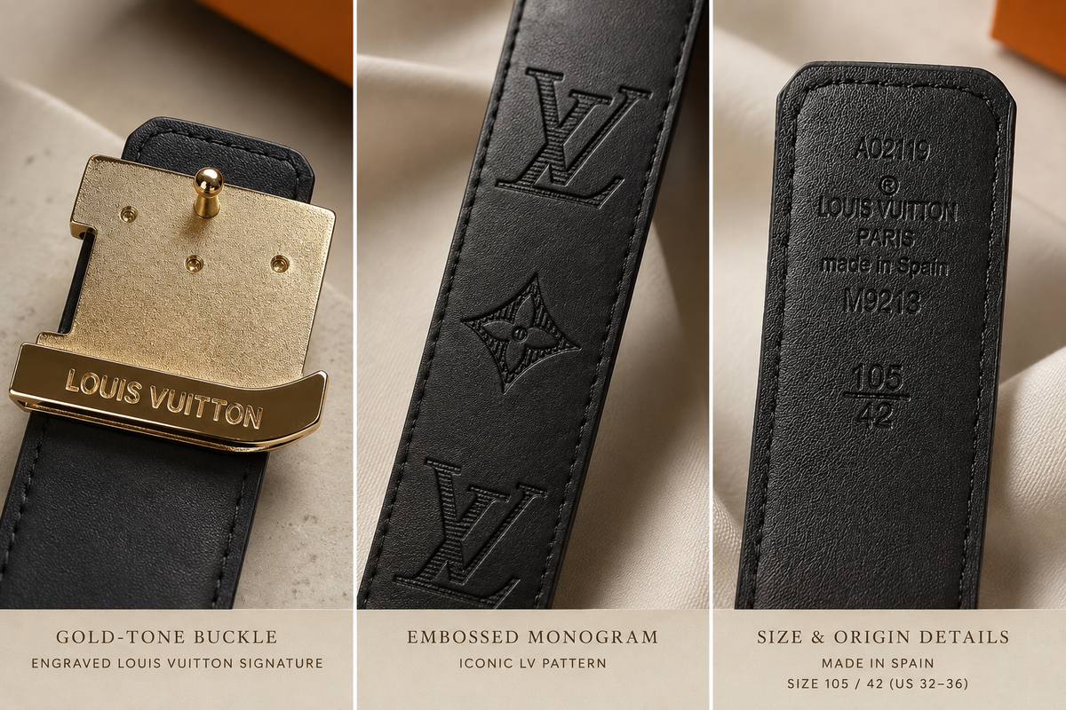 💎 Black Monogram Embossed Statement Belt with Gold-Tone Buckle