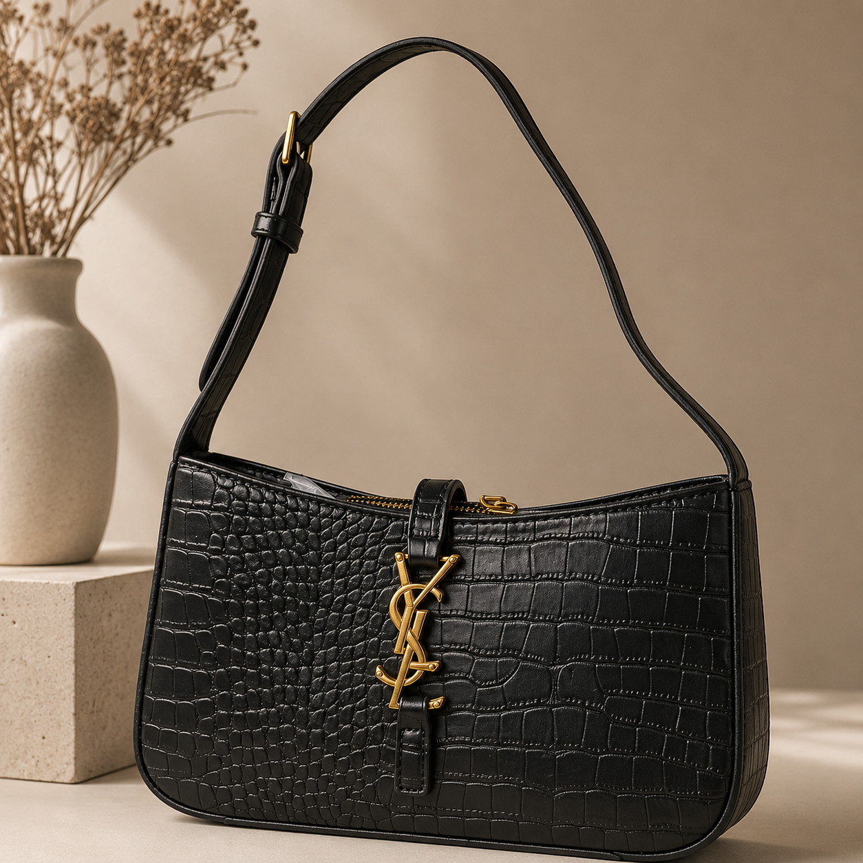 👑 Fashion Inspired Black Gold Accent Shoulder Bag | Smooth or Croc-Embossed