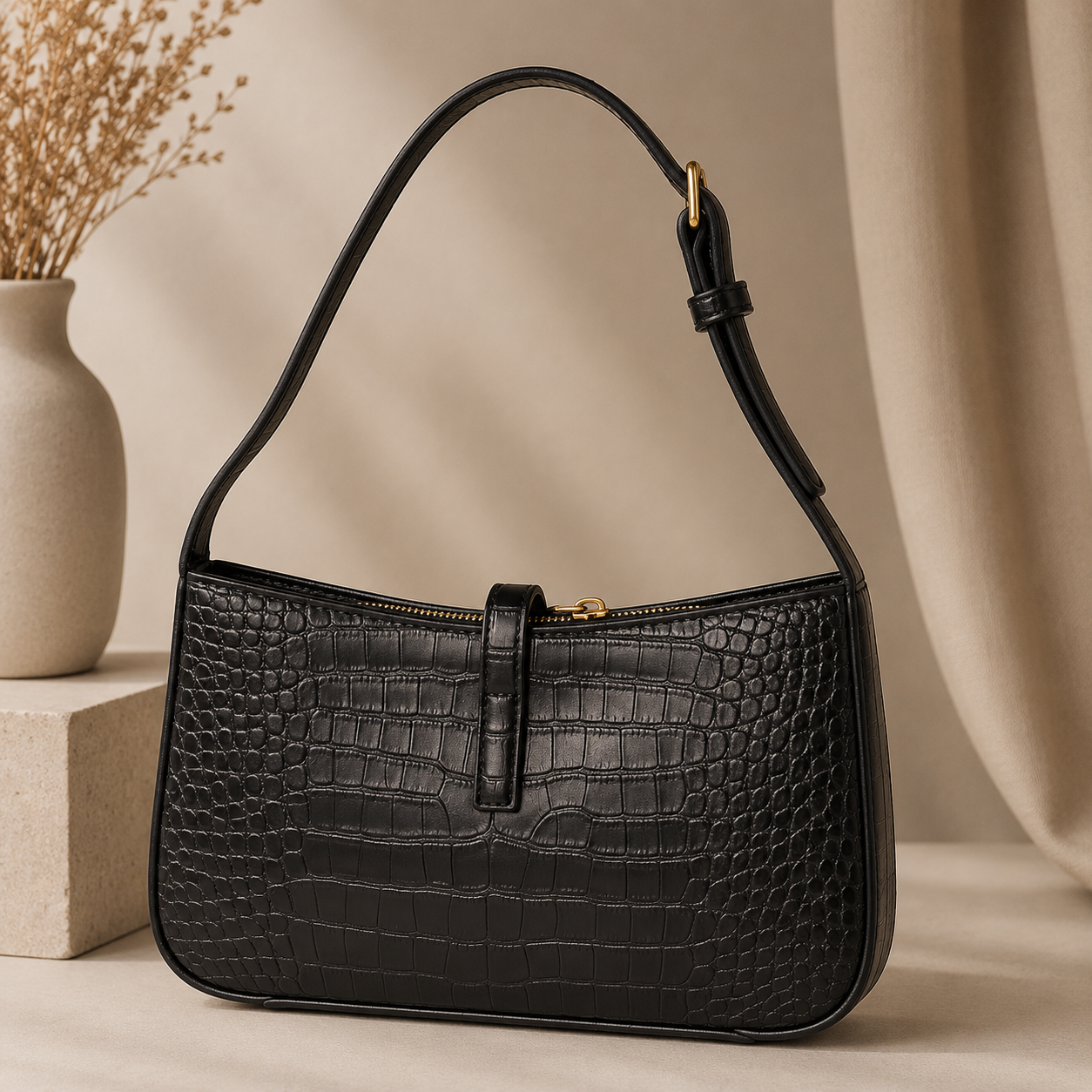 👑 Fashion Inspired Black Gold Accent Shoulder Bag | Smooth or Croc-Embossed
