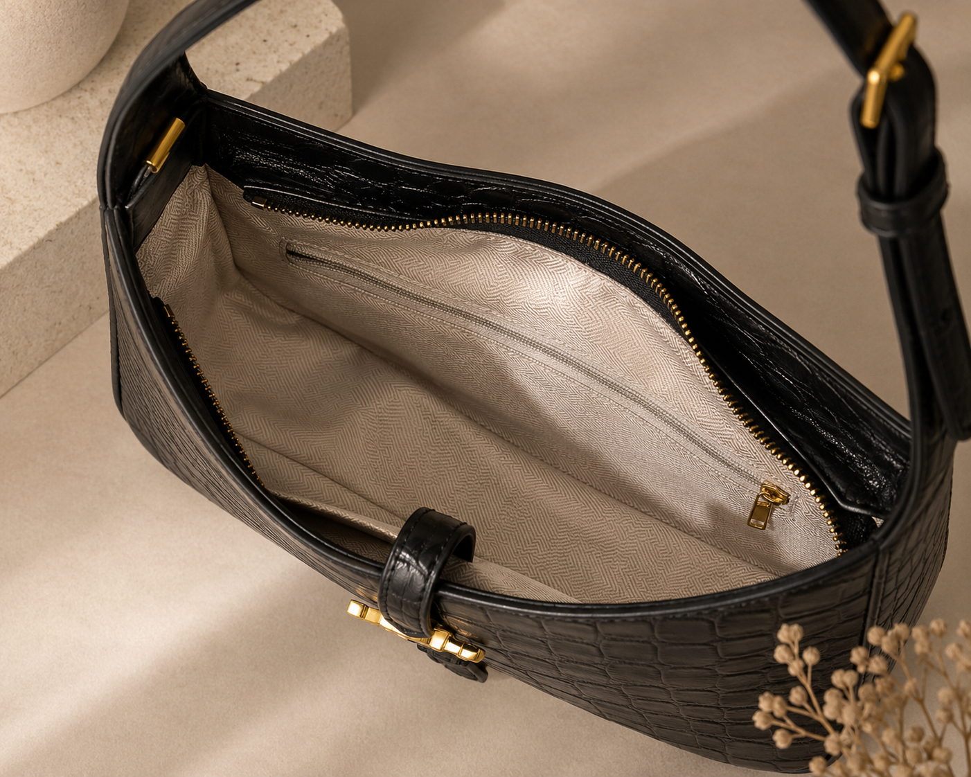 👑 Fashion Inspired Black Gold Accent Shoulder Bag | Smooth or Croc-Embossed