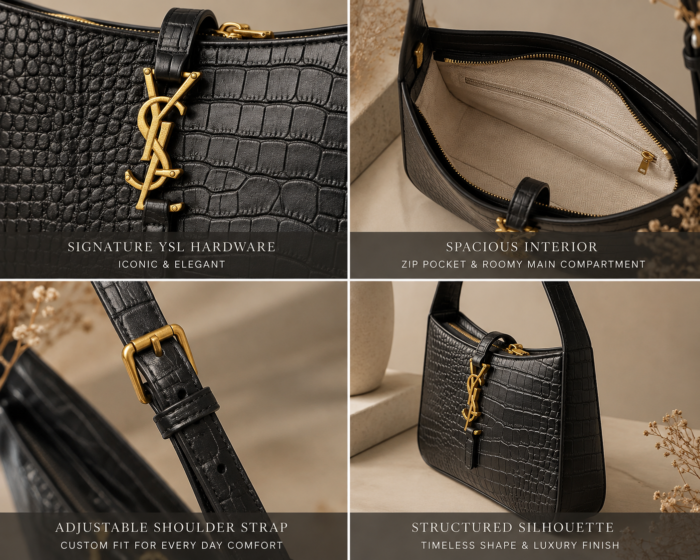 👑 Fashion Inspired Black Gold Accent Shoulder Bag | Smooth or Croc-Embossed
