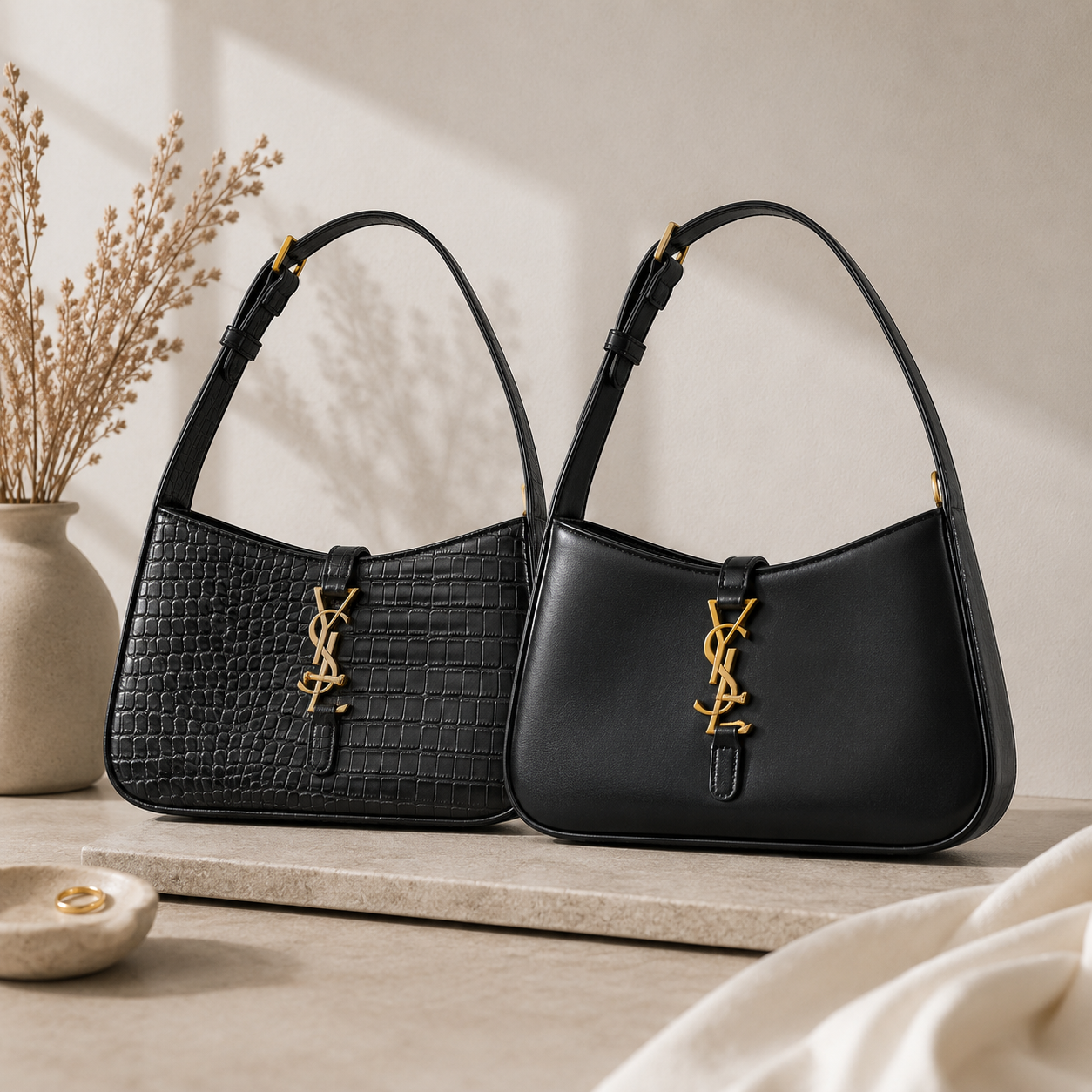 👑 Fashion Inspired Black Gold Accent Shoulder Bag | Smooth or Croc-Embossed