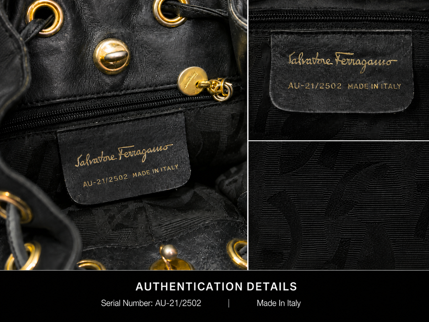 Authentic Salvatore Ferragamo Black Canvas Bucket Backpack Gold Chain