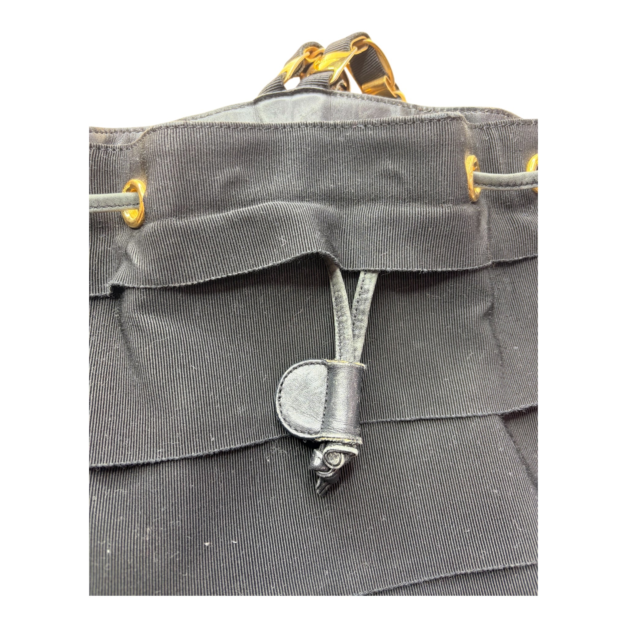 Authentic Salvatore Ferragamo Black Canvas Bucket Backpack Gold Chain