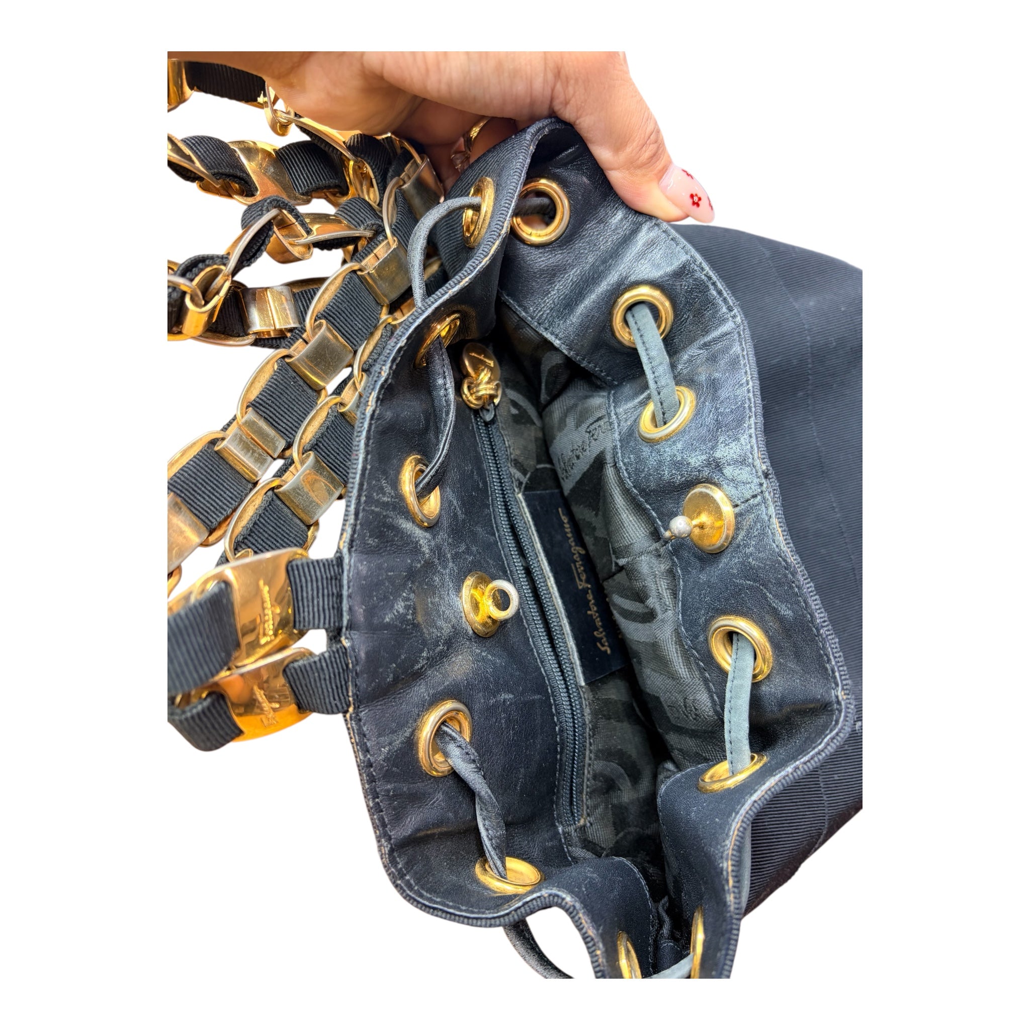 Authentic Salvatore Ferragamo Black Canvas Bucket Backpack Gold Chain