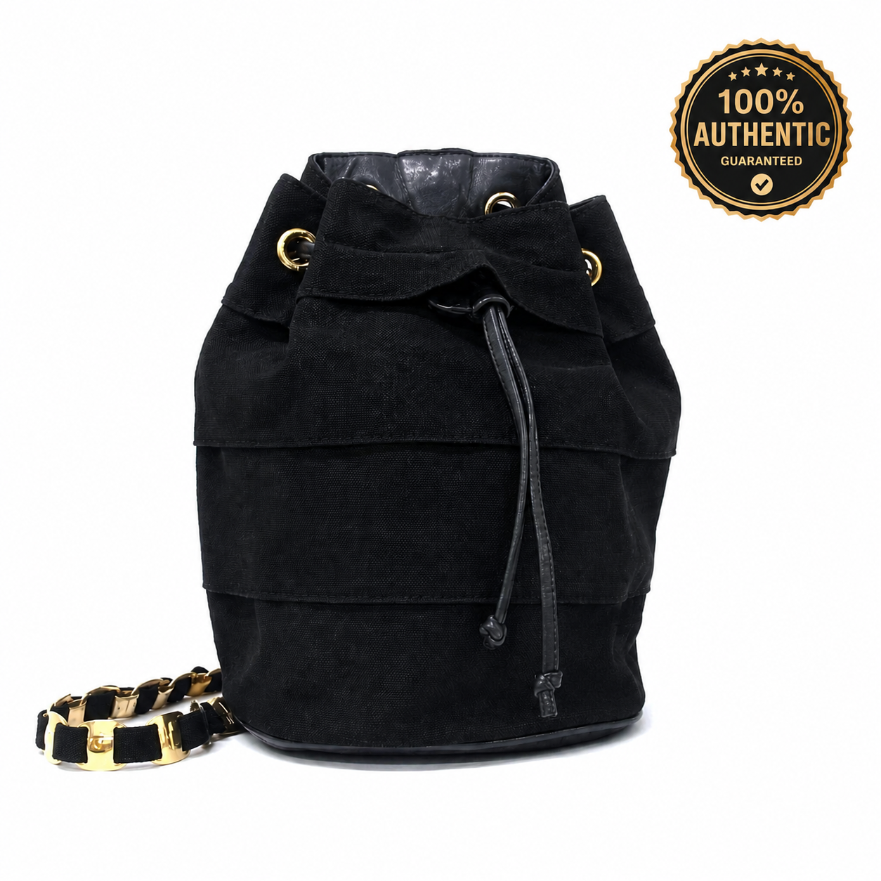 Authentic Salvatore Ferragamo Black Canvas Bucket Backpack Gold Chain