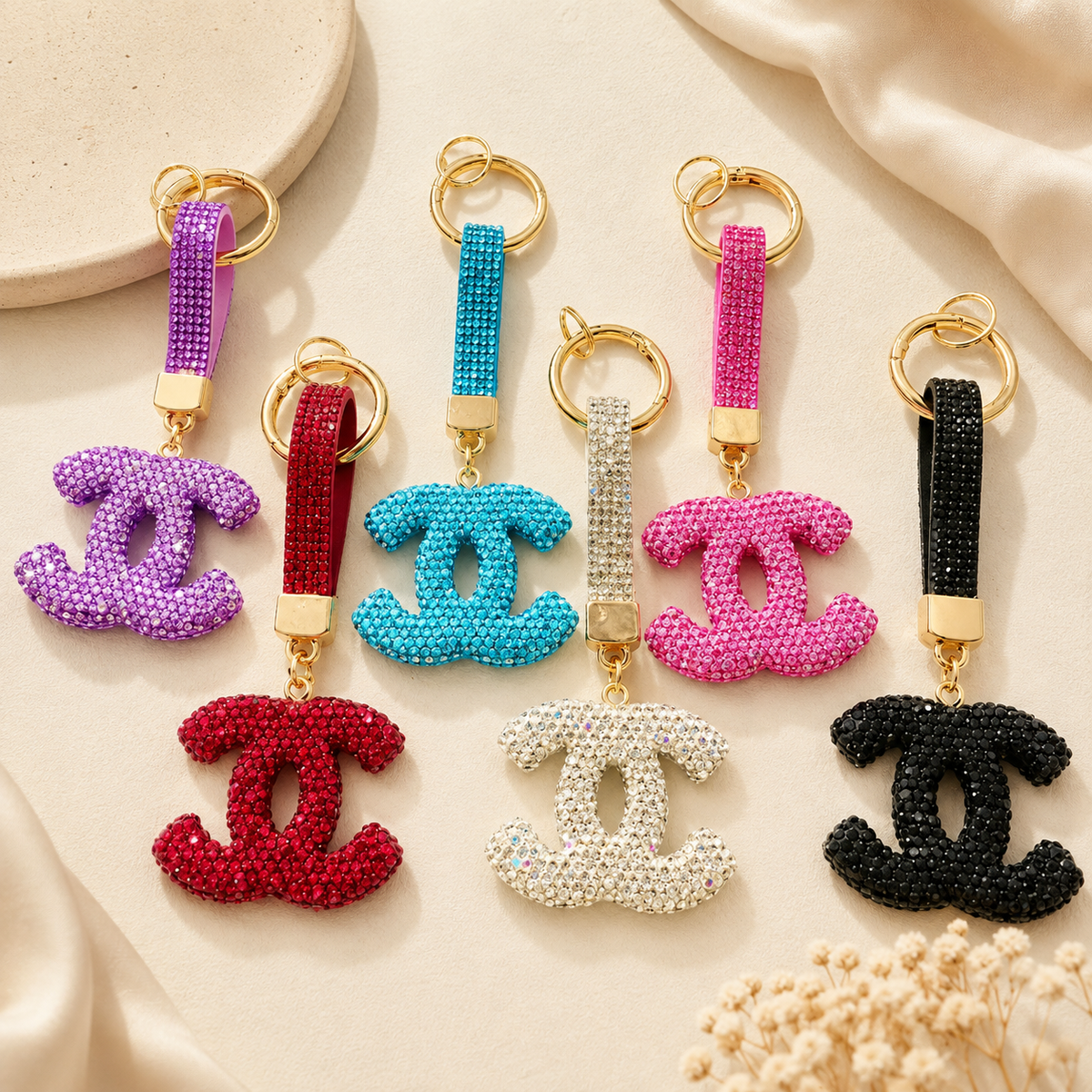 Crystal Double-C Fashion Keychain & Bag Charm – Multiple Colors