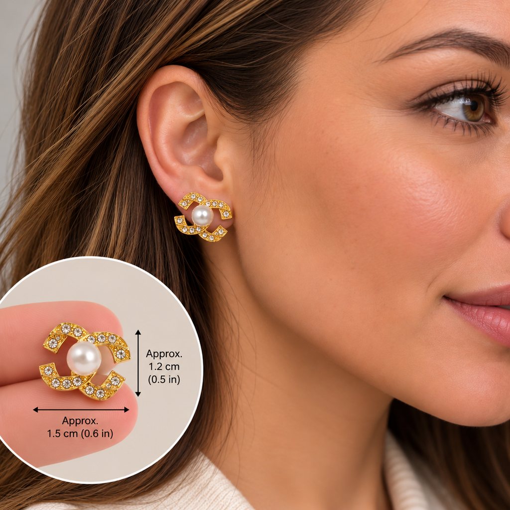 Double C Style Pearl Stud Earrings – Rhinestone Fashion Jewelry