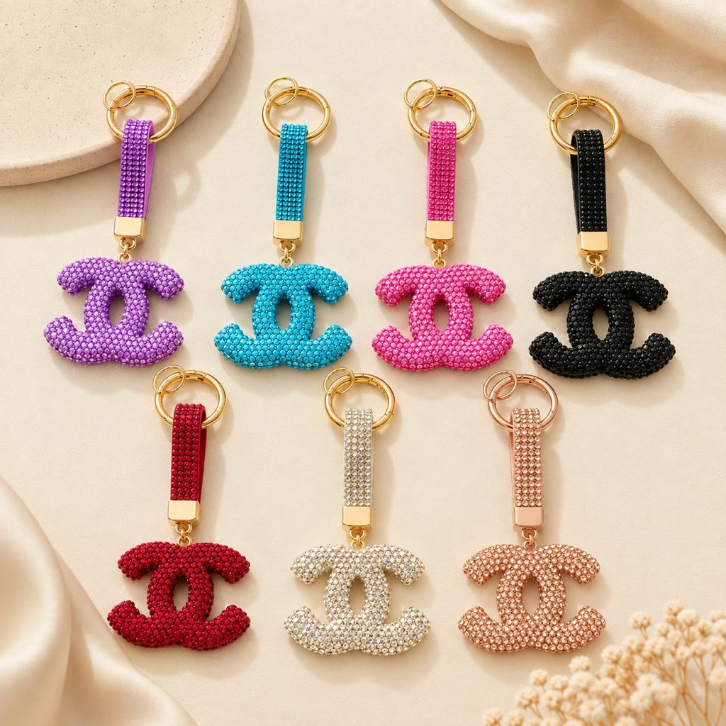 Crystal Double-C Fashion Keychain & Bag Charm – Multiple Colors