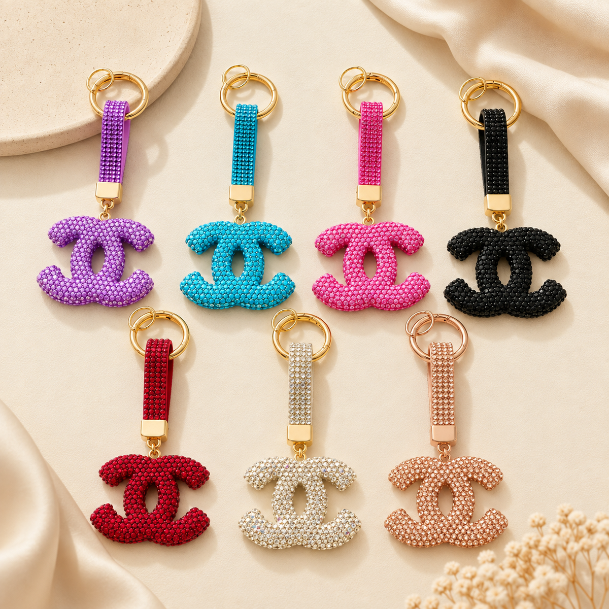 Crystal Double-C Fashion Keychain & Bag Charm – Multiple Colors
