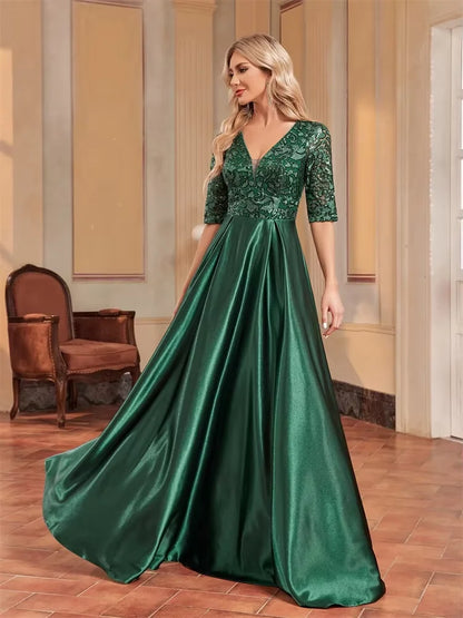 Elegant Green Satin Sequin Evening Dress