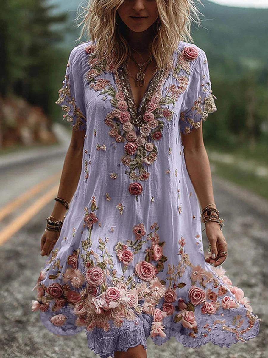 V-Neck Floral Pleated Dress