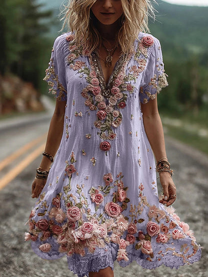 V-Neck Floral Pleated Dress