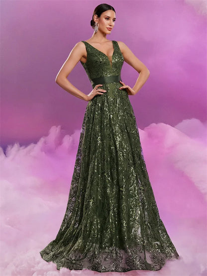 Elegant Sequin V-Neck Evening Dress