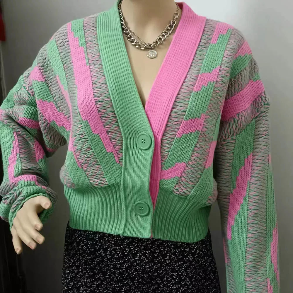Color Block Green Crop Cardigan