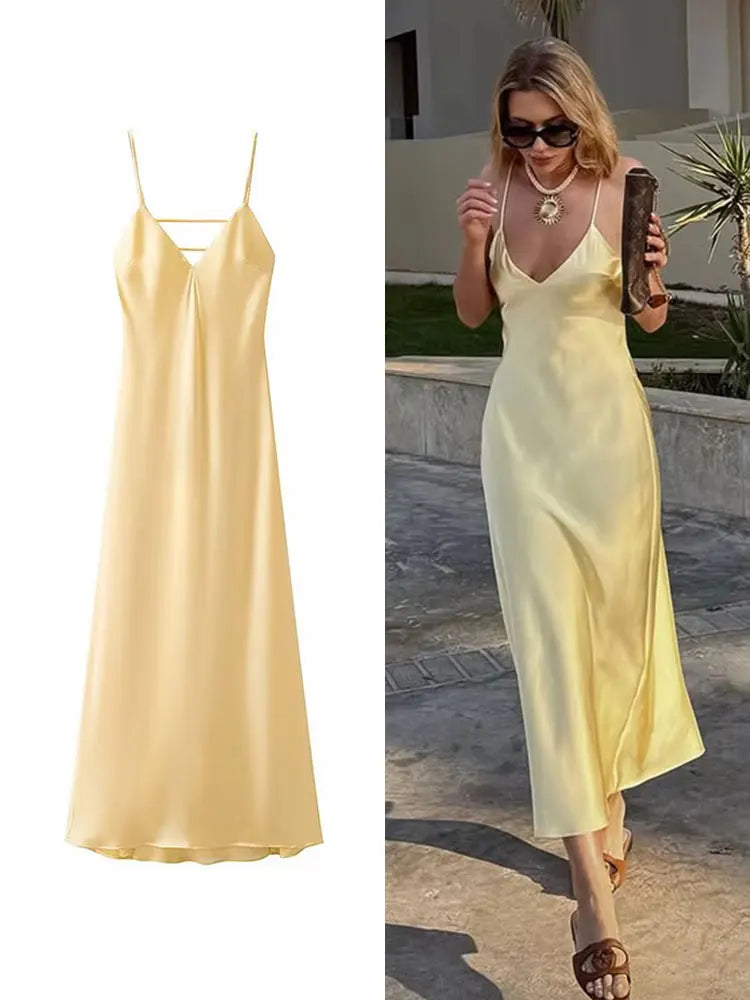 TRAFZA Summer Yellow Satin Maxi Dress