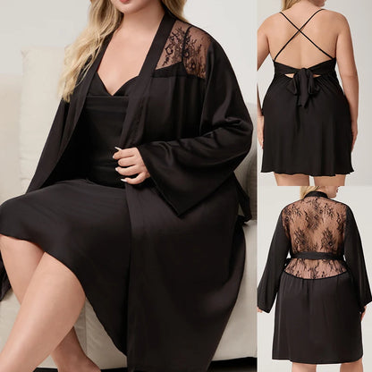 Plus Size Patchwork Lace 2PCS Robe Set