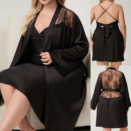 Plus Size Patchwork Lace 2PCS Robe Set