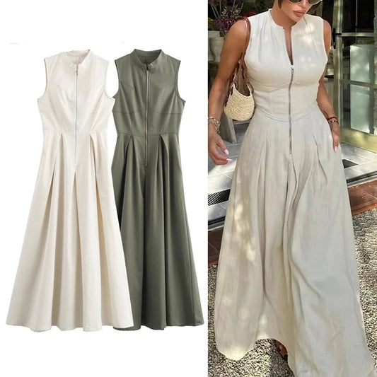 MUJER Elegant Zipper Pleated Sleeveless Midi Dress