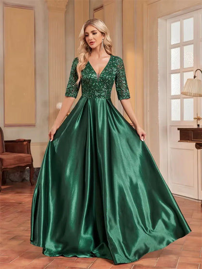 Elegant Green Satin Sequin Evening Dress