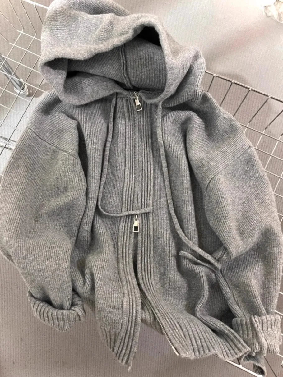Gray Hooded Sweater Coat