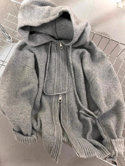 Gray Hooded Sweater Coat