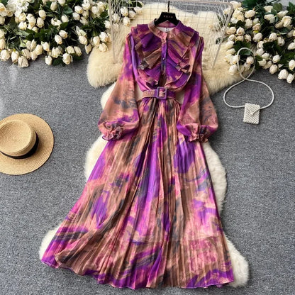 Vintage Print Chiffon Maxi Dress