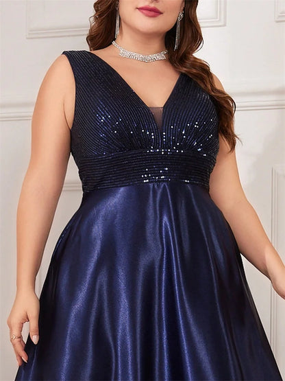 Plus Size Satin Sequin Evening Dress
