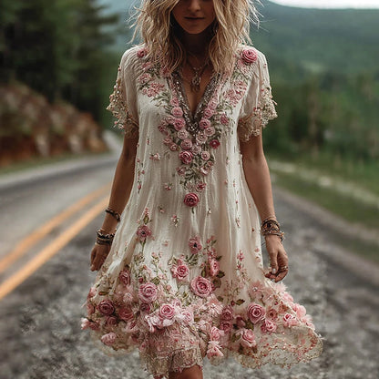 V-Neck Floral Pleated Dress