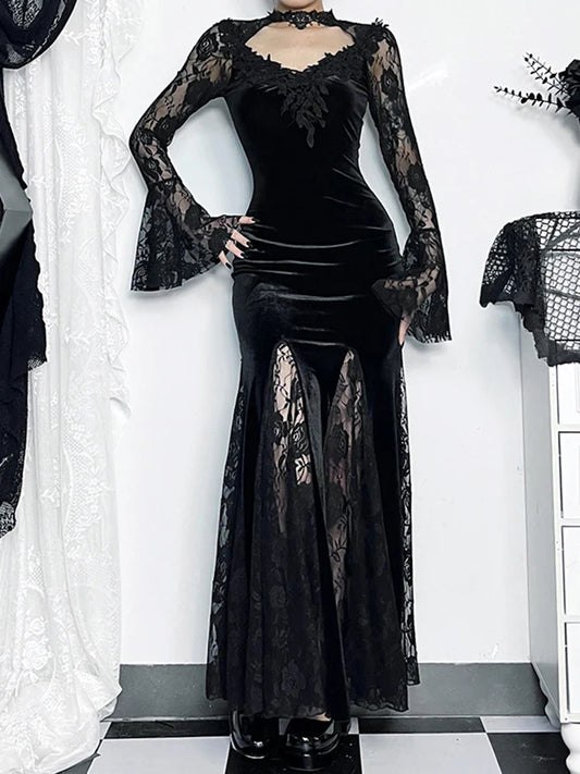 Gothic Lace Patchwork Midi Dress