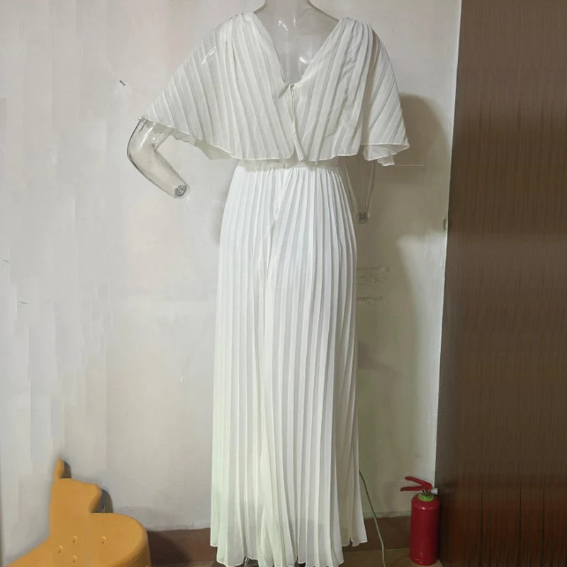 Elegant V-Neck Pleated Maxi Dress