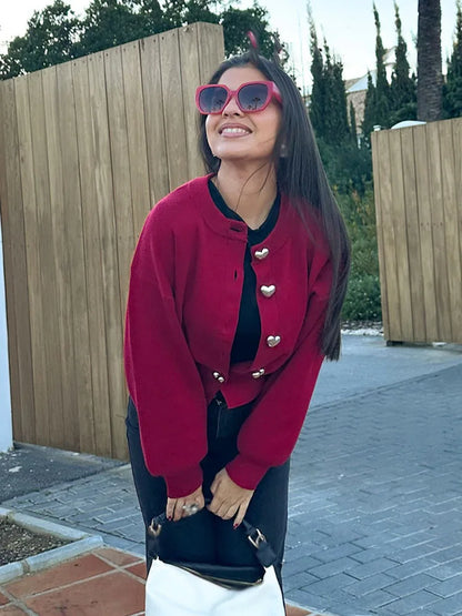 Heart-Button O-Neck Cardigan