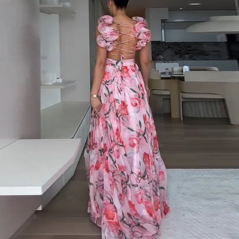 Floral Ruffle Backless Maxi Dress