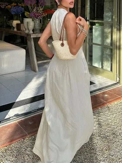 MUJER Elegant Zipper Pleated Sleeveless Midi Dress