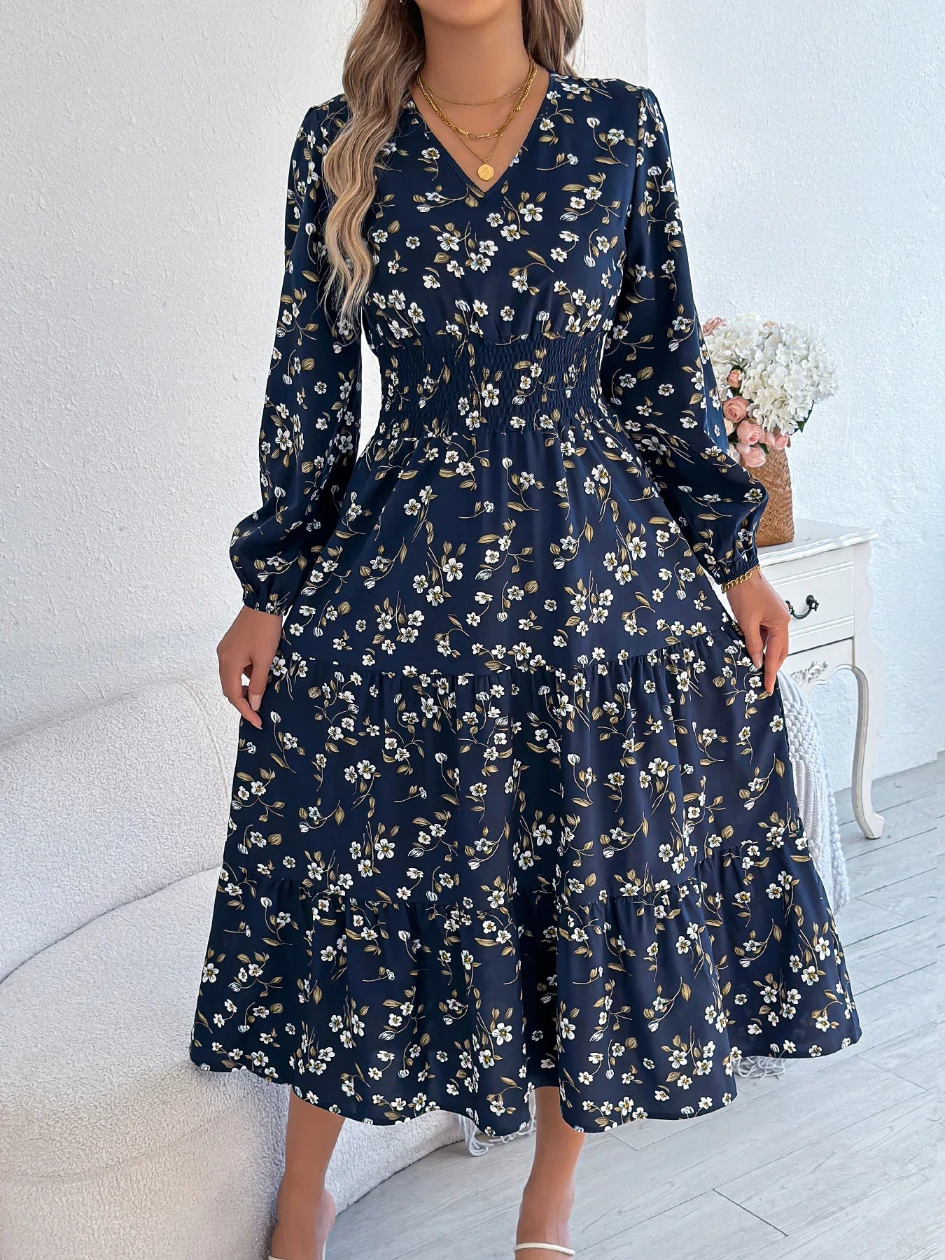 Floral V-Neck A-Line Dress