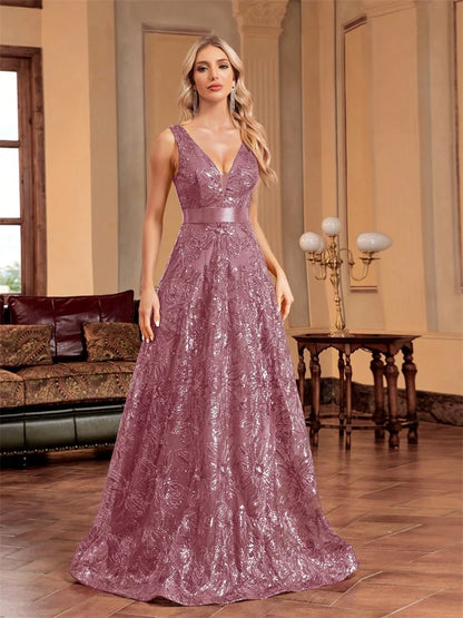 Elegant Sequin V-Neck Evening Dress