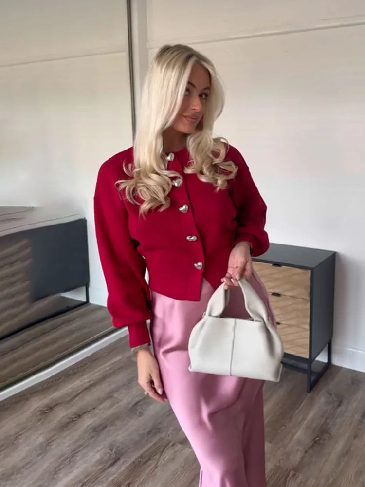 Heart-Button O-Neck Cardigan