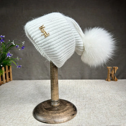 Women’s Rabbit Fur Pompom Beanie