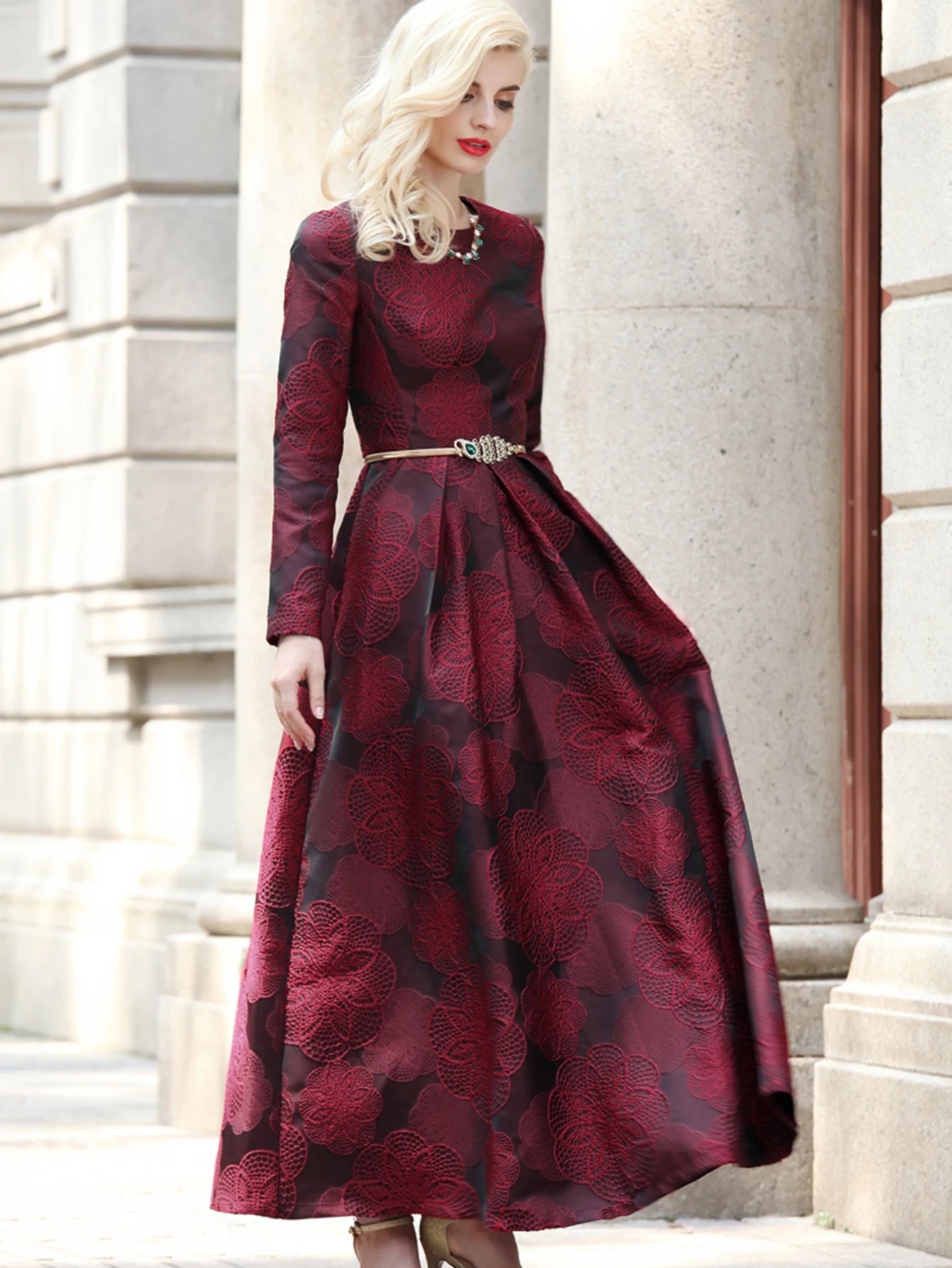 Burgundy Floral Jacquard Maxi Dress