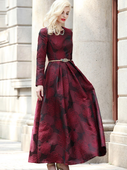 Burgundy Floral Jacquard Maxi Dress