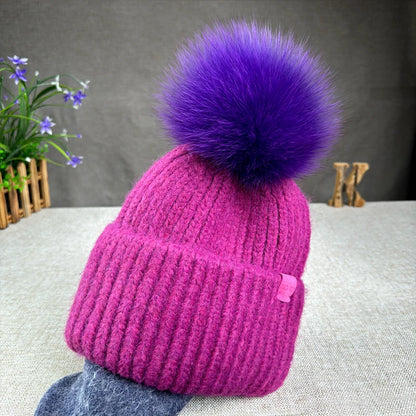 Women’s Large Rabbit Fur Pompom Beanie