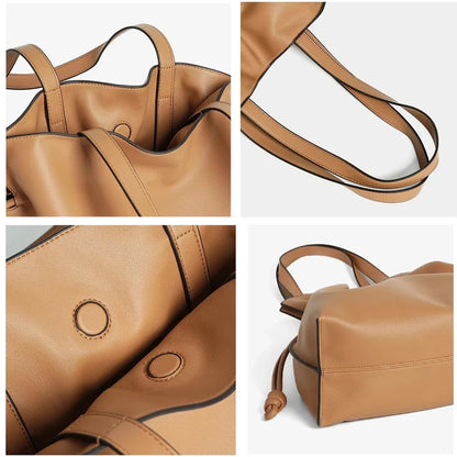 Soft Leather Pleated Bucket Tote Bag
