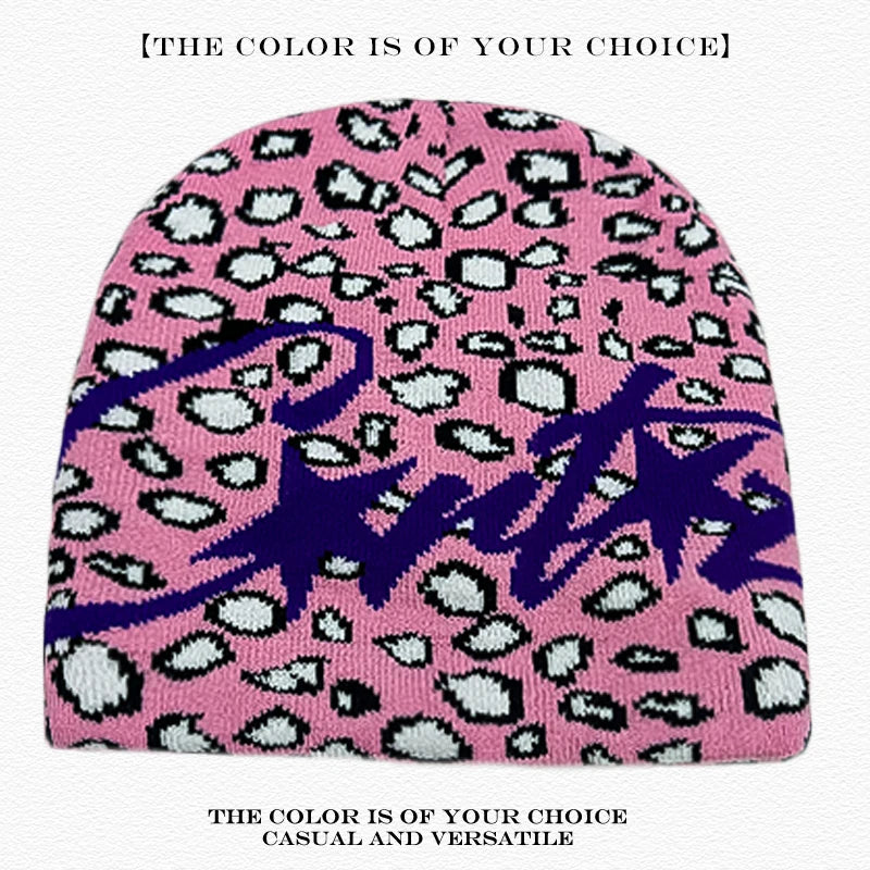 Leopard Print Letter Knit Beanie