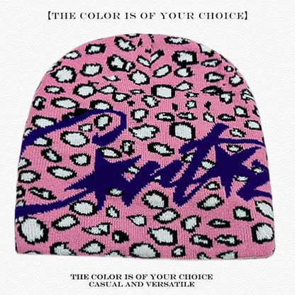 Leopard Print Letter Knit Beanie